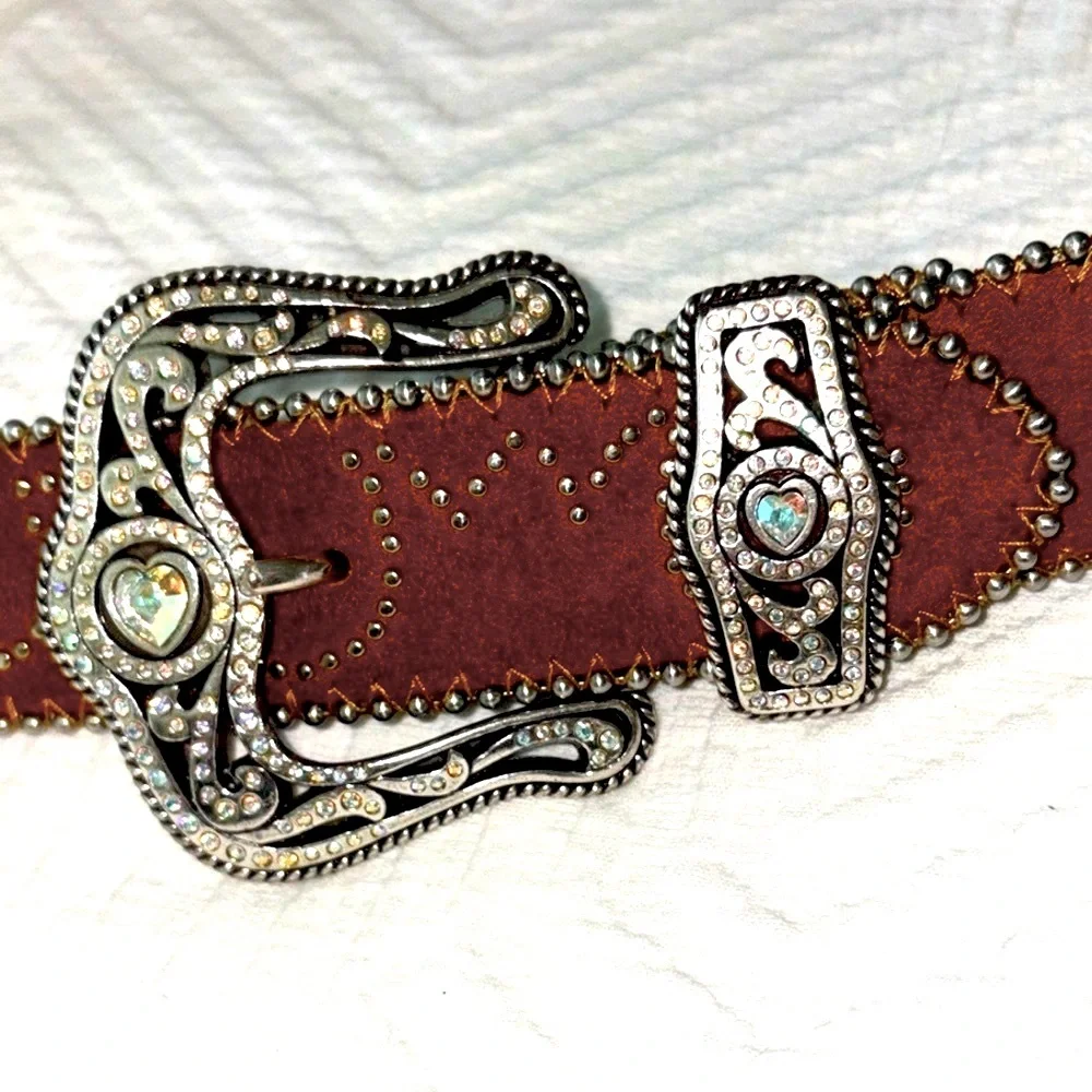 Tony Lama Brown Suede Belt 34 Crystal Heart Buckle Studded Western Cowgirl Y2K
